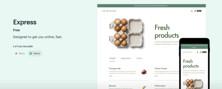 Shopify Express teema — toitlustus ja kiirtarne e-poed